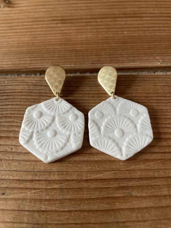 Boucles d’oreilles hexagone et apprêts texturés – Image 2